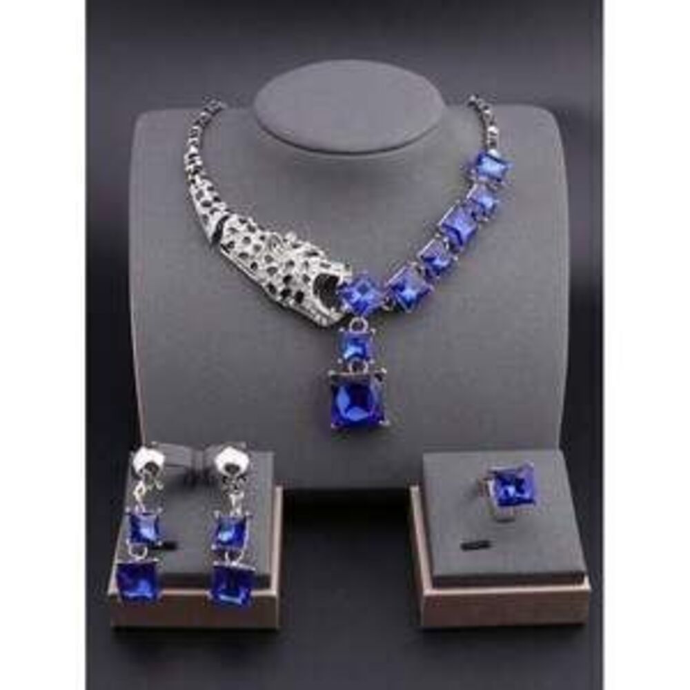 1set Blue Crystal Leopard Necklace Earrings And Ring S Gift Dainty - Picture 7 of 7